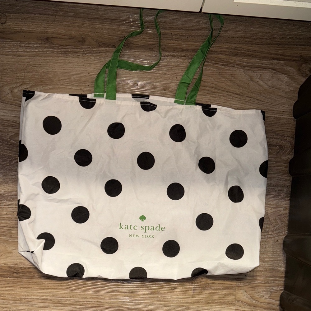 Kate Spade White Tote with Black Polka Dots and Green Handles